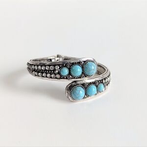 Hinged Antiqued Silver Cuff Bracelet Turquoise Cabochons Rhinestones Metal Beads